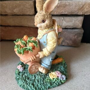 Charming Easter Bunny Rabbit Figurine with Wheelbarrow Carrots